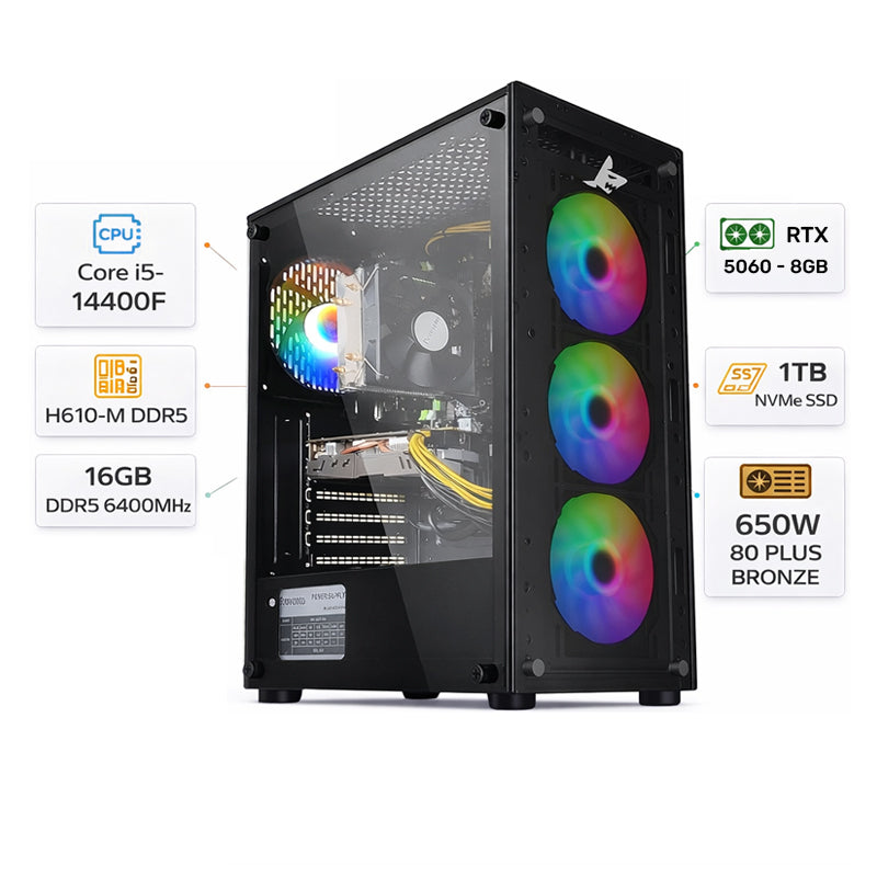 PC Gamer Core i5-14400F RTX 5060 vista lateral PC Gamer Core i5-14400F RTX 5060 vista lateral